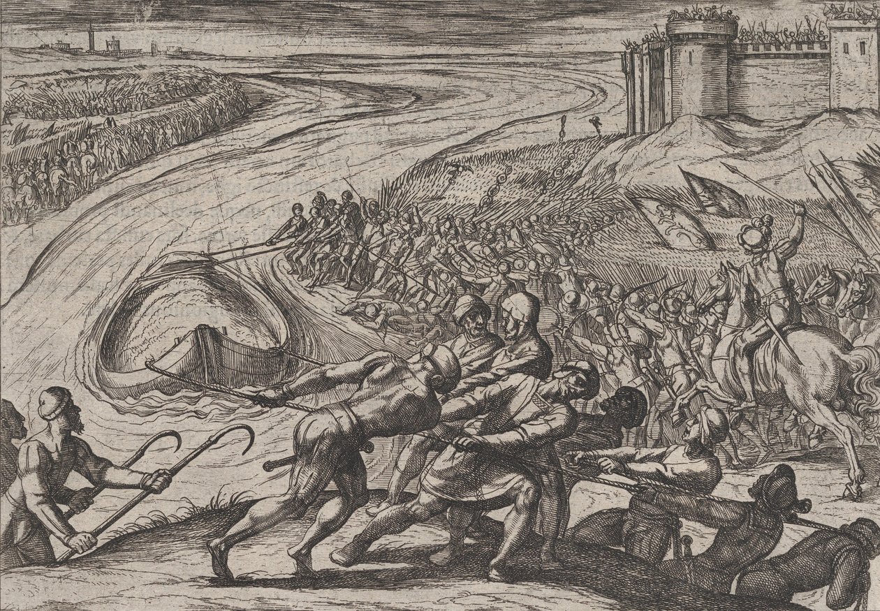 12. tábla: Gabonával megrakott hajó húzása a partra, A rómaiak háborúja a ... ellen, 1611-ből. alkotó: Antonio Tempesta