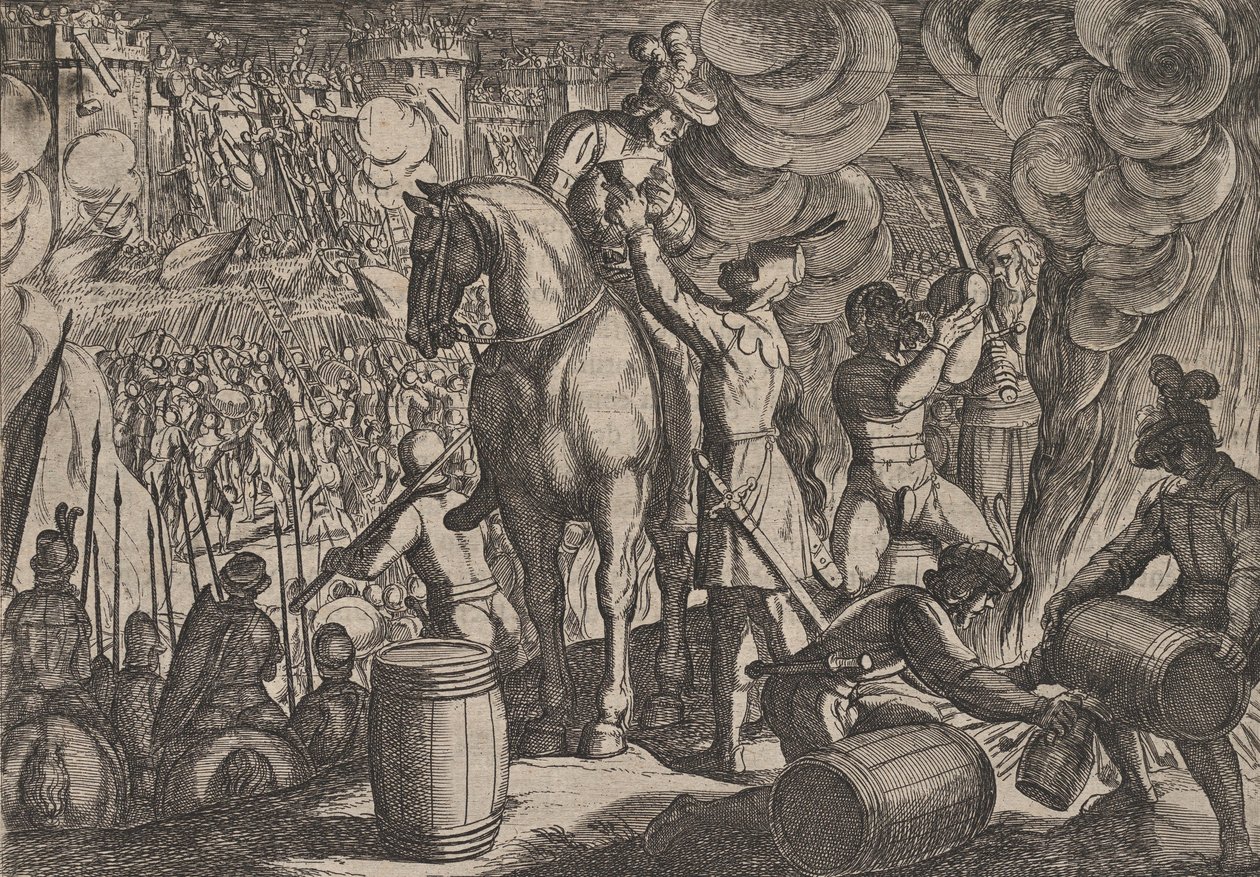 13. tábla: Támadás a római erőd ellen éjjel, A rómaiak háborúja a Ba... című filmből, 1611. alkotó: Antonio Tempesta
