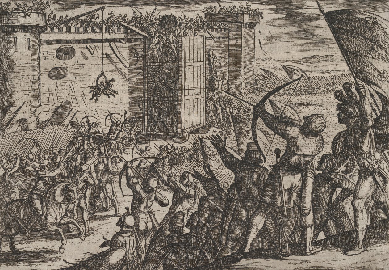14. tábla: Új támadás a régi erőd ellen, A rómaiak háborúja a bataviak ellen..., 1611-ből. alkotó: Antonio Tempesta