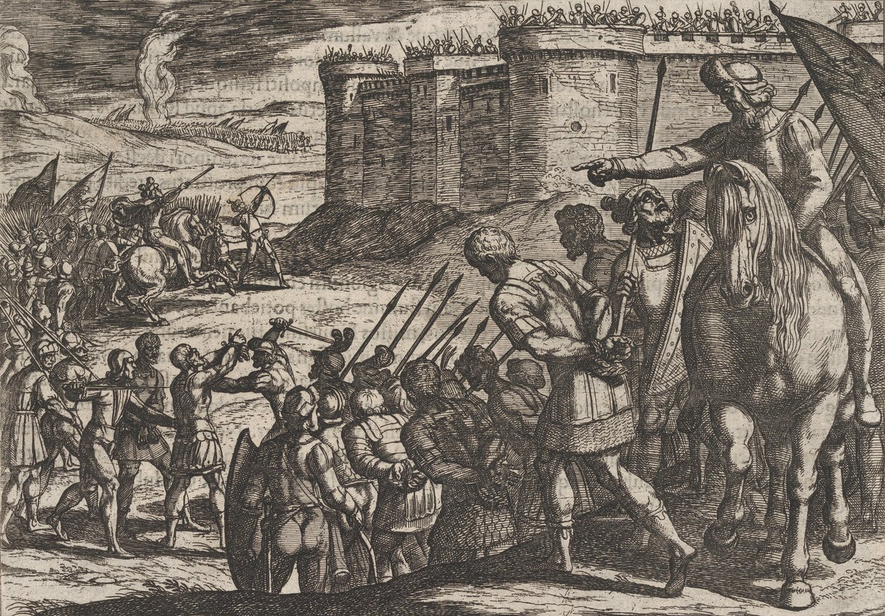 16. tábla: Római foglyok a régi erőd előtt, A rómaiak háborúja a B... ellen, 1611-ből. alkotó: Antonio Tempesta