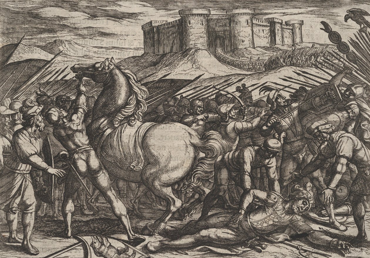 17. tábla: A rómaiakat Civilis lova félrevezette, hogy azt higgyék, meghalt vagy megsérült, 1611-ből.... alkotó: Antonio Tempesta