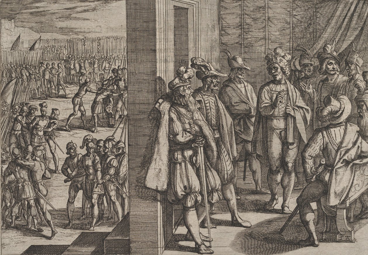 18. tábla: Civilis titkos találkozója más trieri vezetőkkel, A római háborúból..., 1611. alkotó: Antonio Tempesta