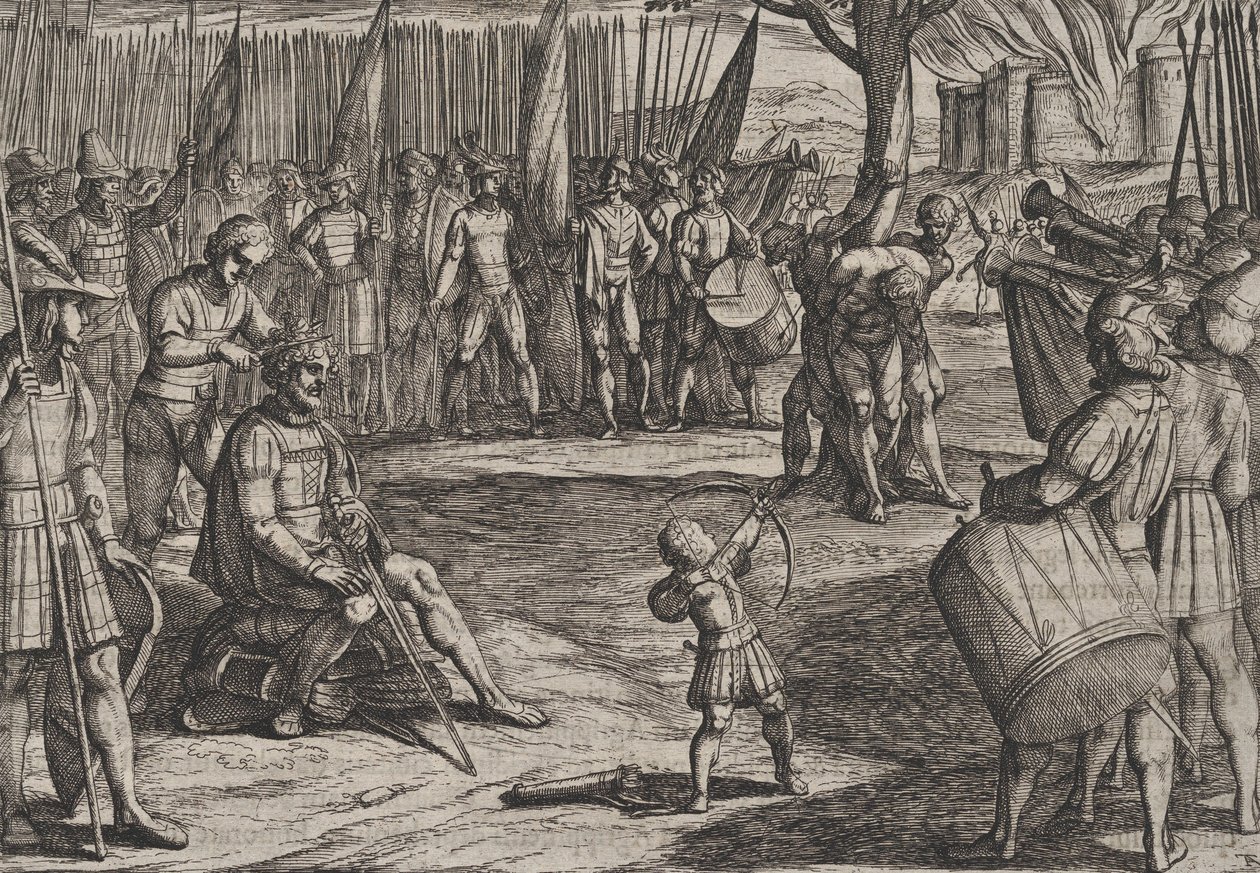 20. tábla: Civilis levágta a haját, A rómaiak háborúja a bataviak ellen R..., 1611-ből. alkotó: Antonio Tempesta