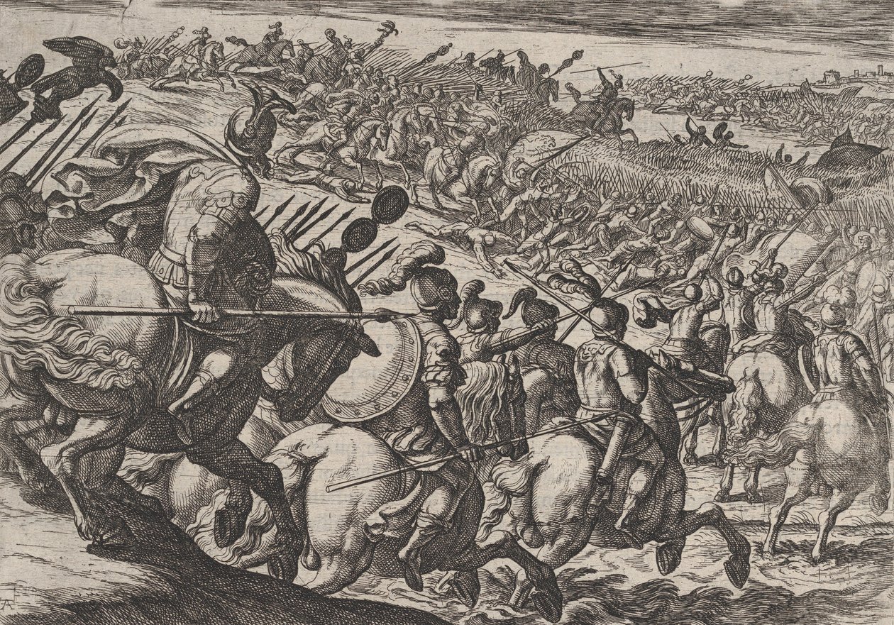 25. tábla: Cerialis római parancsnok támadásai Trier közelében, A rómaiak háborúja Agai... című filmből, 1611. alkotó: Antonio Tempesta