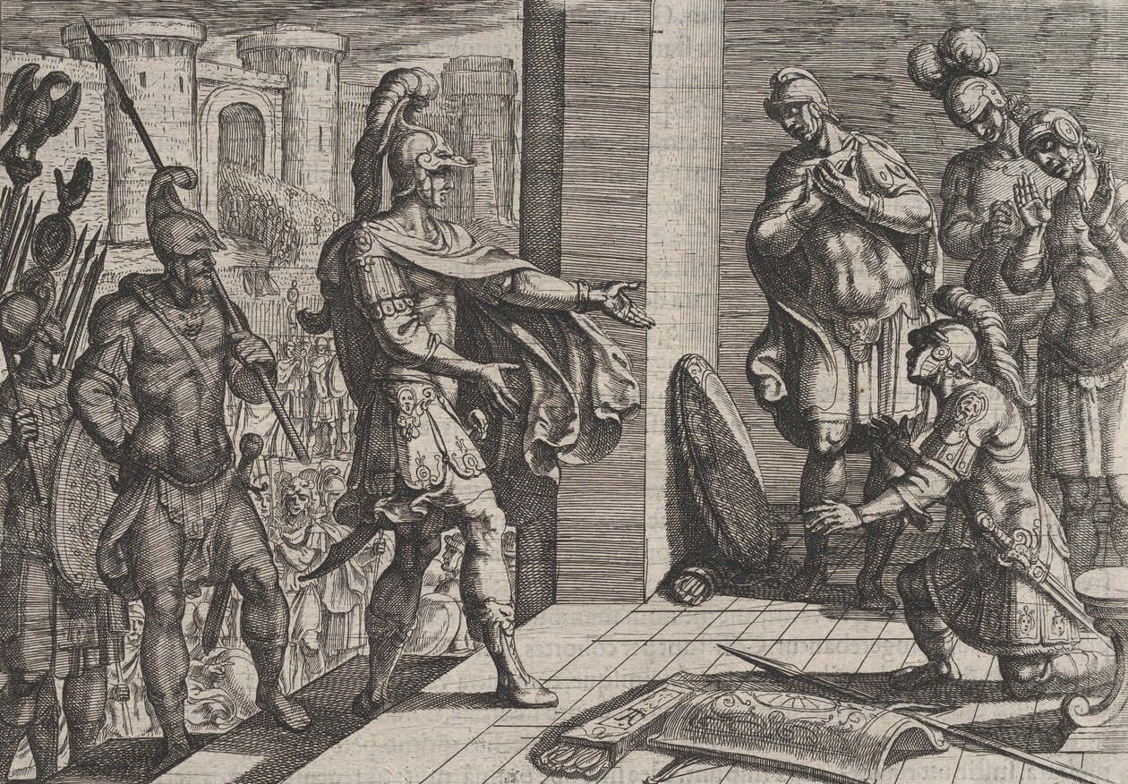 26. tábla: Cerialis megkegyelmez és felmenti azokat a római katonákat, akik segítették civilist, a The Wa...-ból, 1611. alkotó: Antonio Tempesta