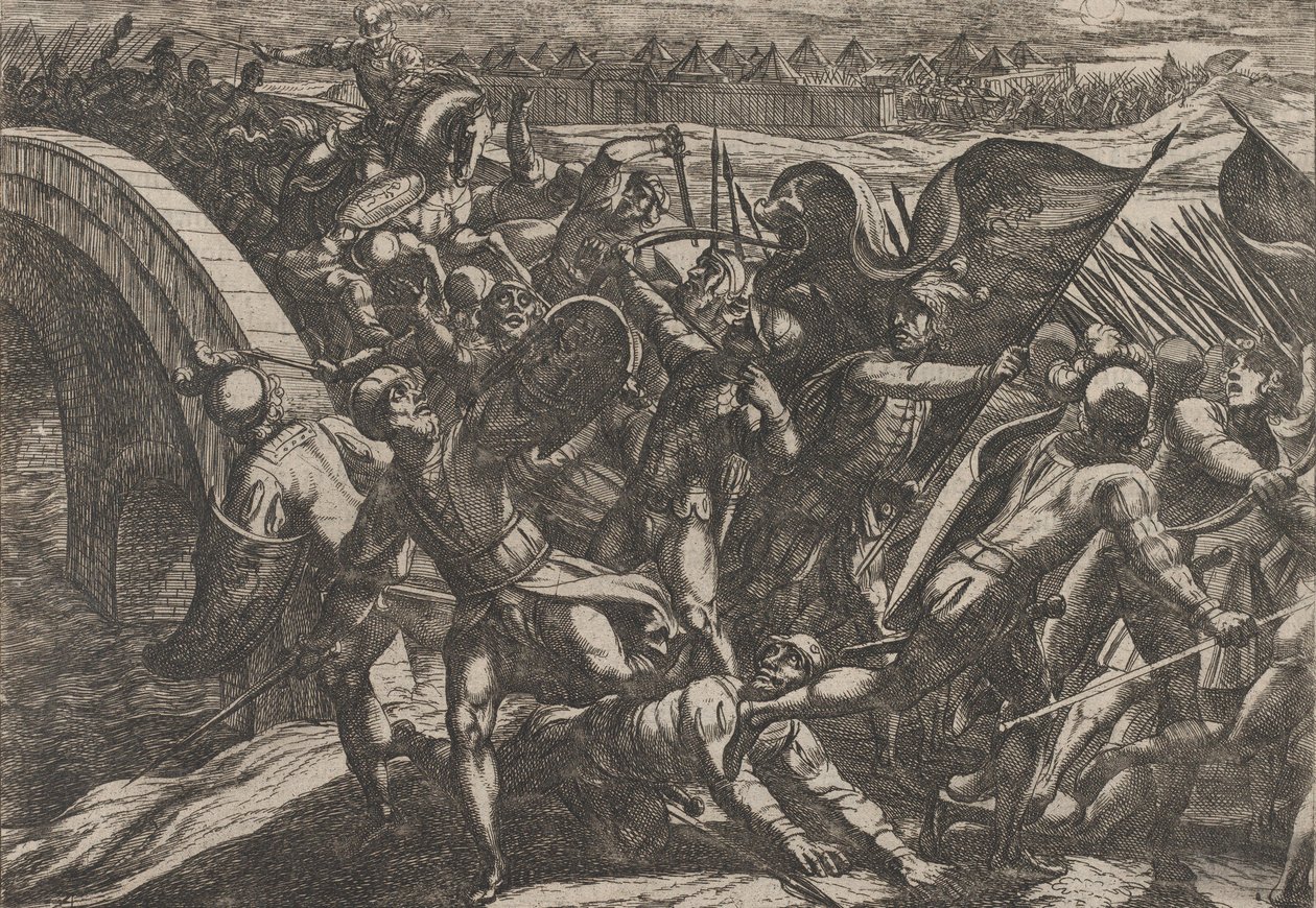 27. tábla: A hollandok a Mosel-parti római tábor meglepetésszerű támadása közben, a The Wa...-ból, 1611. alkotó: Antonio Tempesta