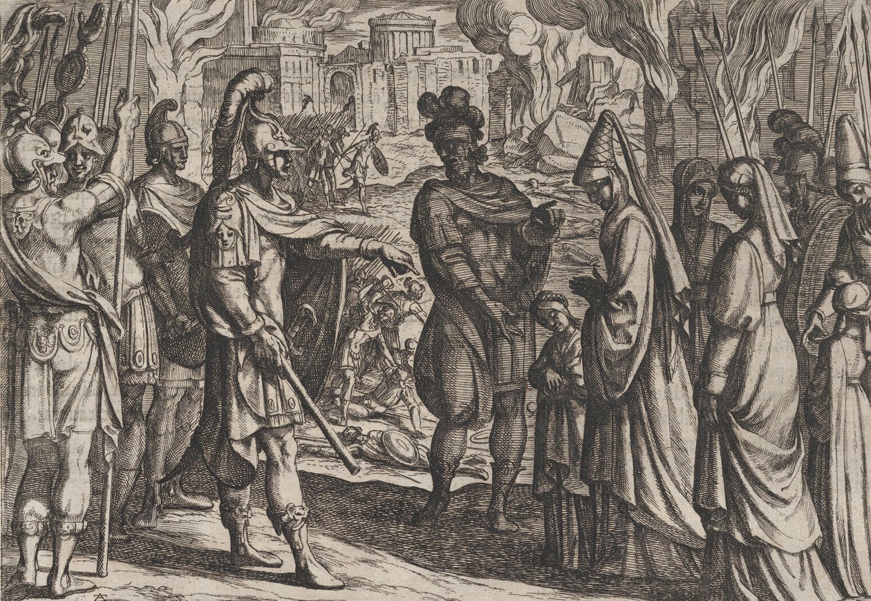 28. tábla: A kölni csapatok elhozzák Civilis feleségét és nővérét Cerialisba, a The War of the R...-ből, 1611. alkotó: Antonio Tempesta
