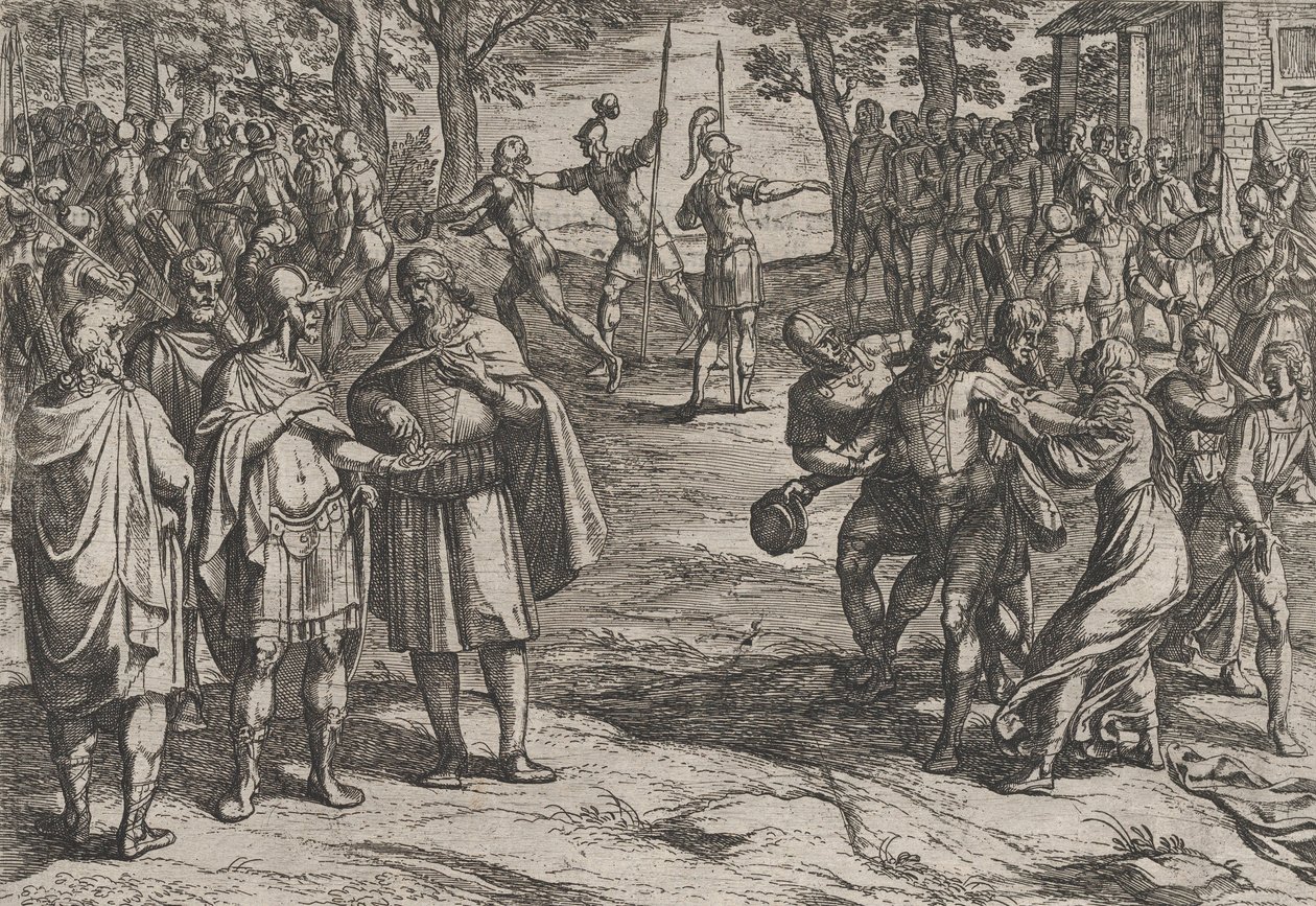 2. tábla: A rómaiak öreg holland férfiakat túszul ejtenek és fiatalokat csábítanak el, a Háborúból..., 1611. alkotó: Antonio Tempesta