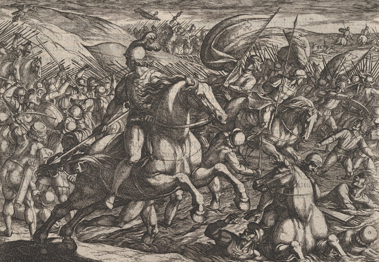 30. tábla: Cerialis, aki a hollandokat a Rajnába hajtja, A rómaiak háborúja a th... című filmből, 1611. alkotó: Antonio Tempesta