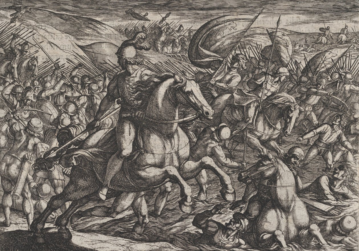 30. tábla: Cerialis, aki a hollandokat a Rajnába hajtja, A rómaiak háborúja a th... című filmből, 1611. alkotó: Antonio Tempesta