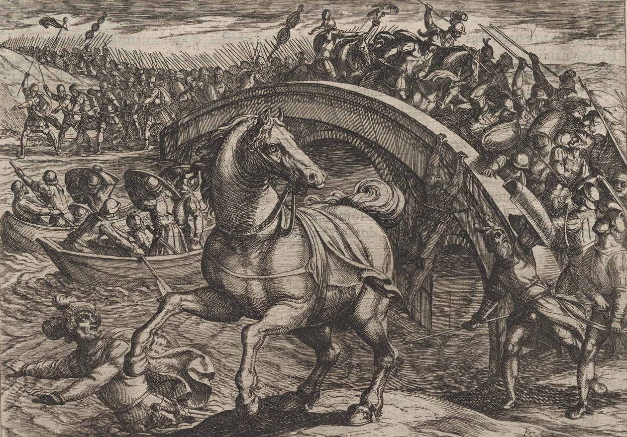 31. tábla: A civilis leszállni kényszerült, és átúszni a folyón, A rómaiak háborújából..., 1611. alkotó: Antonio Tempesta