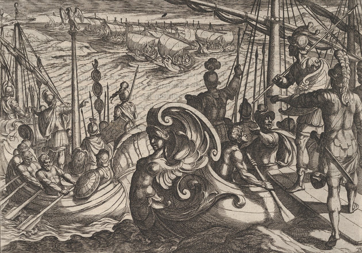33. tábla: Holland és római flottillák a Rajnán, A rómaiak háborúja a B... ellen, 1611-ből. alkotó: Antonio Tempesta