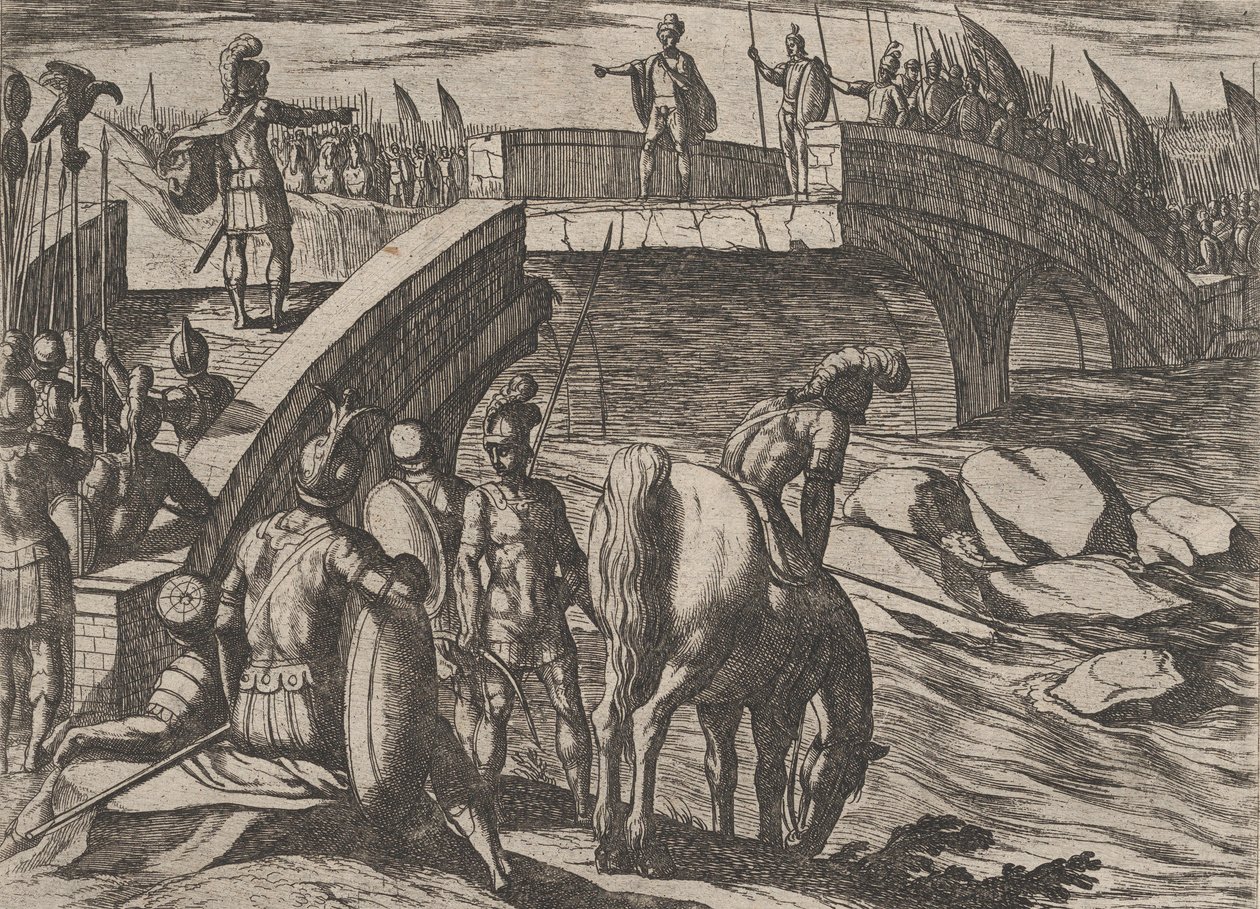 36. tábla: Civilis és Cerialis egy letört hídon találkoznak, hogy megegyezzenek, a The War of...-ból, 1611. alkotó: Antonio Tempesta
