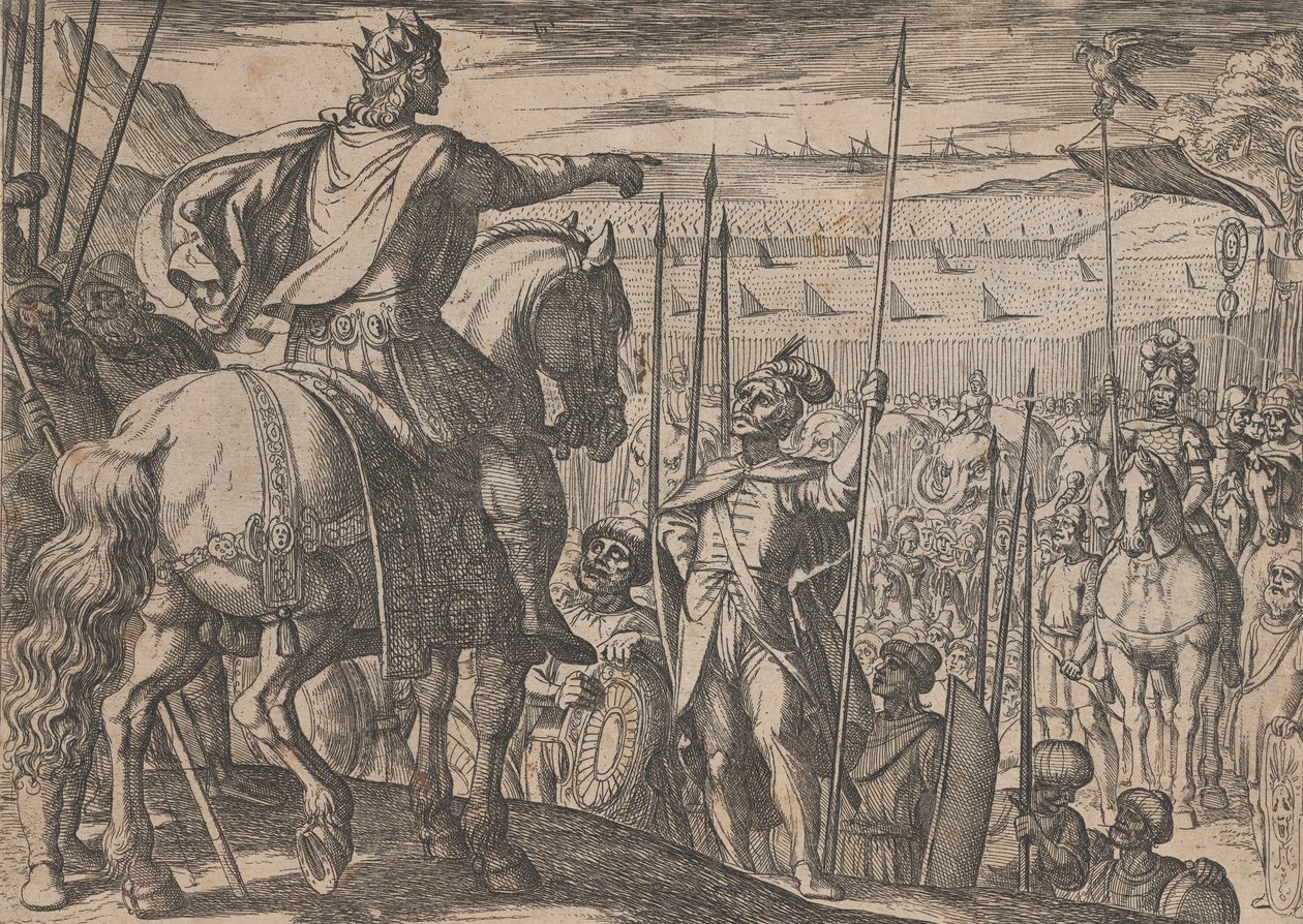 3. tábla: Sándor oktatja katonáit, Nagy Sándor tetteiből, 1608. alkotó: Antonio Tempesta