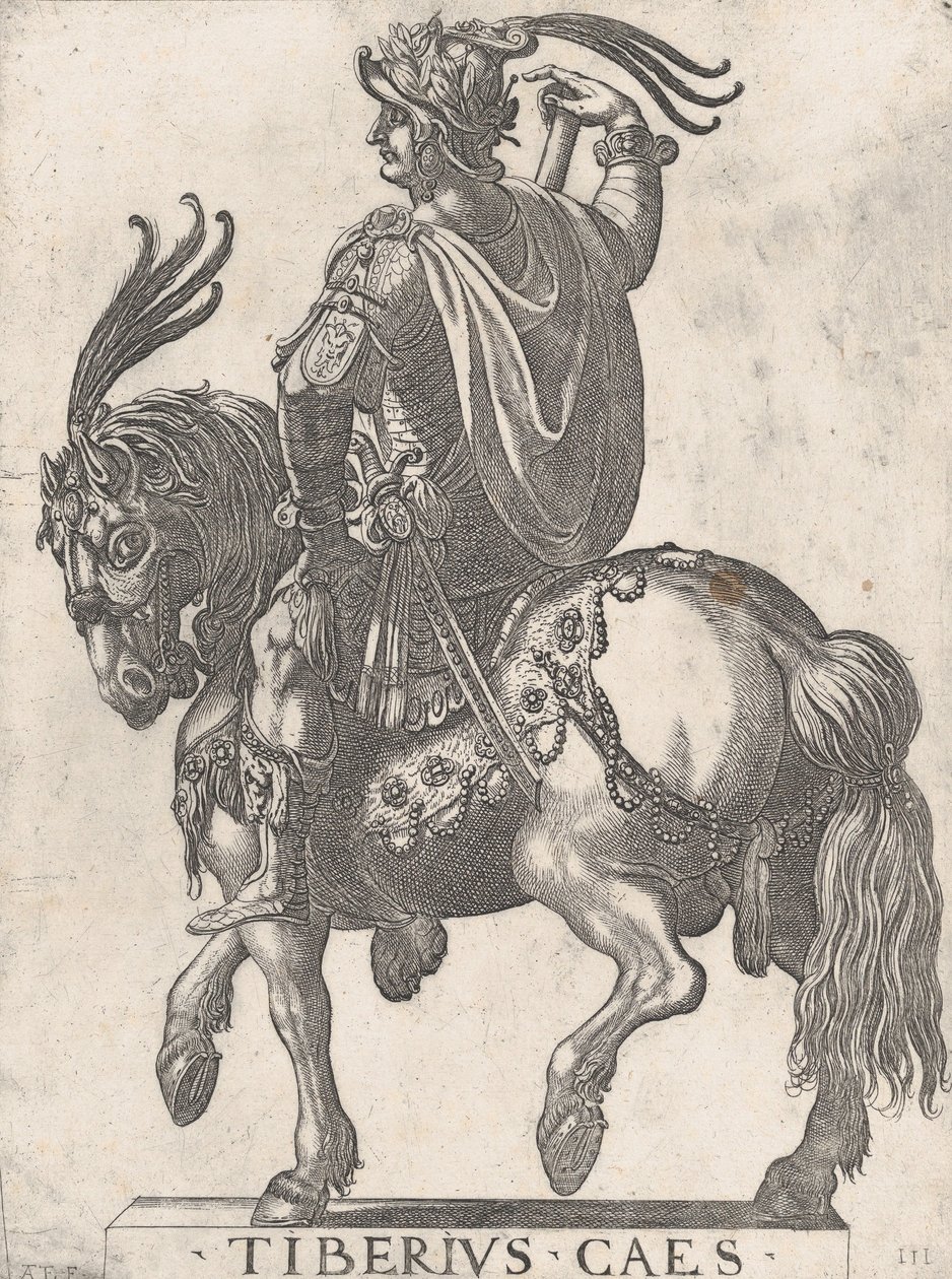 3. tábla: Tiberius császár lóháton, „Az első tizenkét római császár” című művéből, 1596. alkotó: Antonio Tempesta