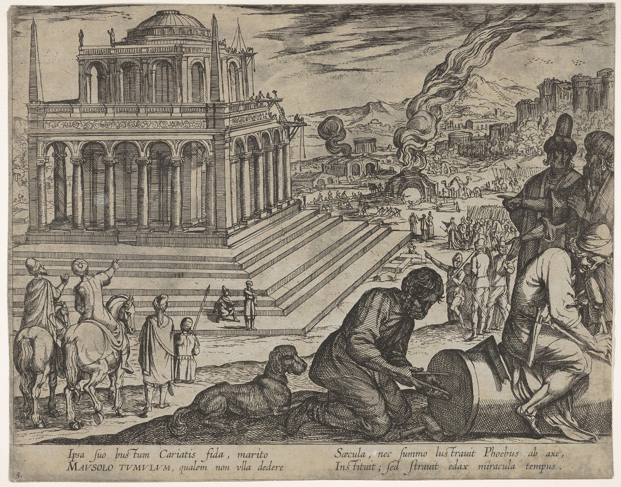 5. tábla: Mauszolosz sírja, kőművesek jobbra oszlopot készítenek, A hét csoda...-ból, 1608. alkotó: Antonio Tempesta