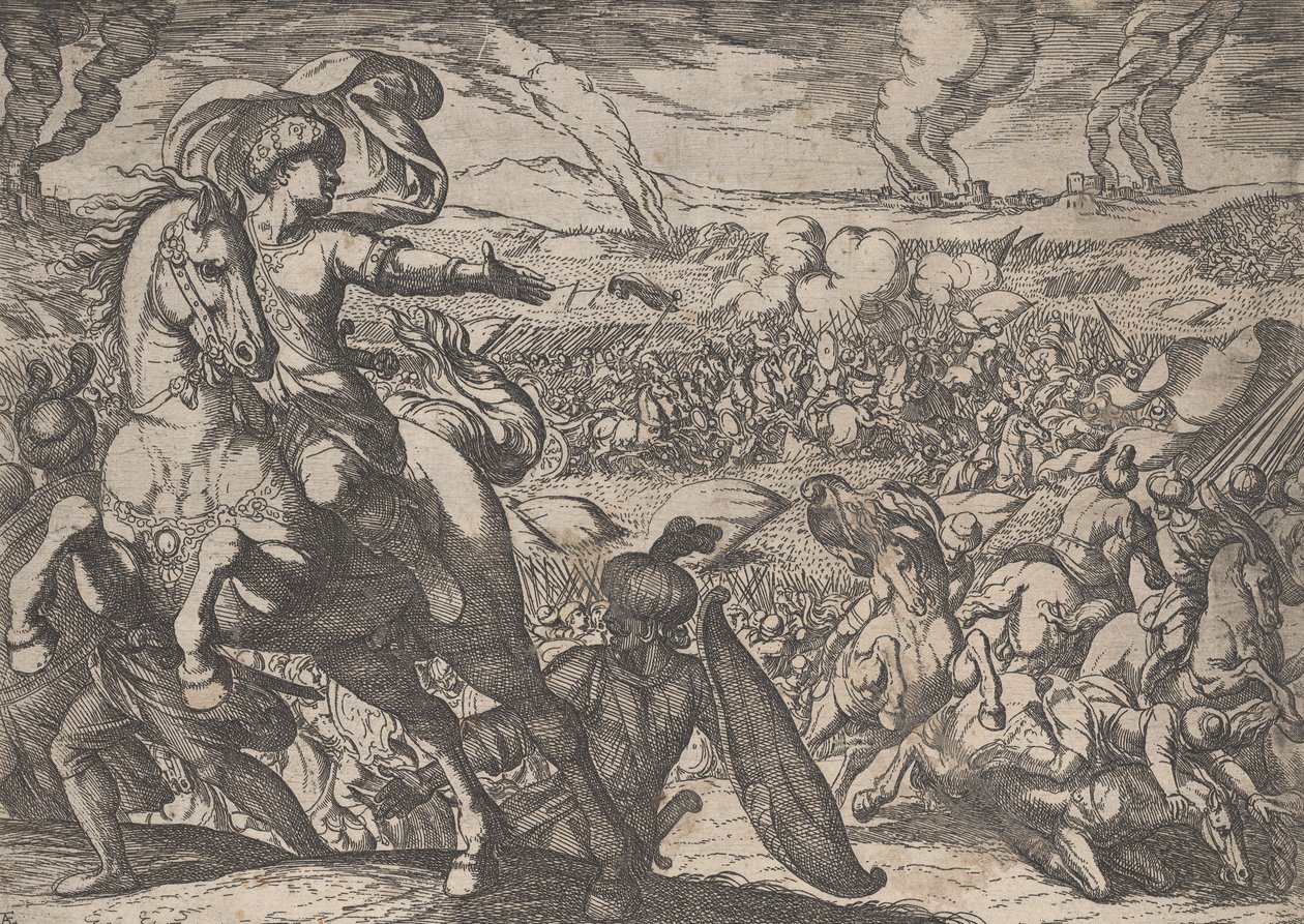6. tábla: Darius a csatatérről menekül, Nagy Sándor tetteiből, 1608. alkotó: Antonio Tempesta