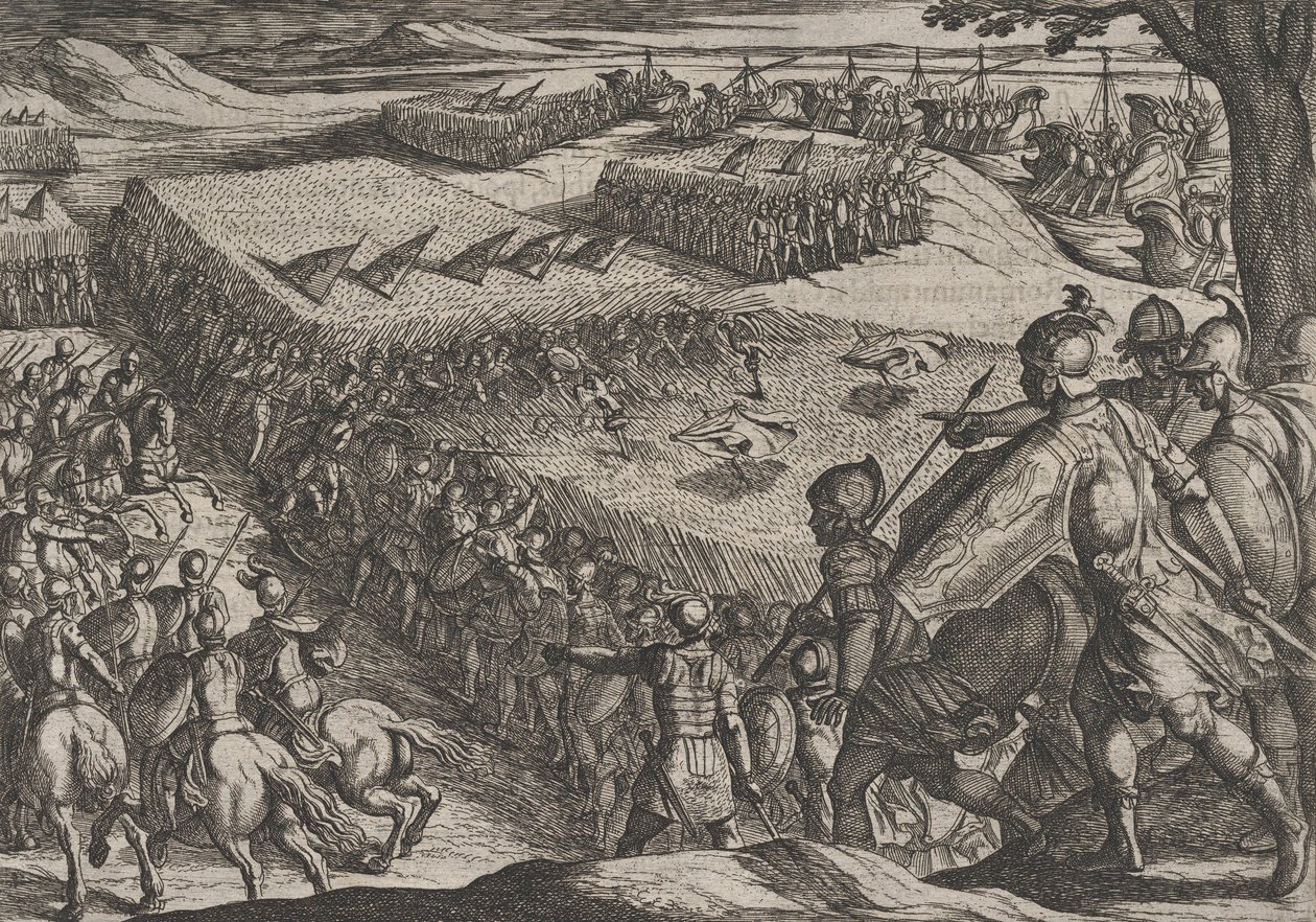 6. tábla: Rómaiak legyőzése a Rajna közelében, A rómaiak háborúja a bataviak ellen..., 1611-ből. alkotó: Antonio Tempesta