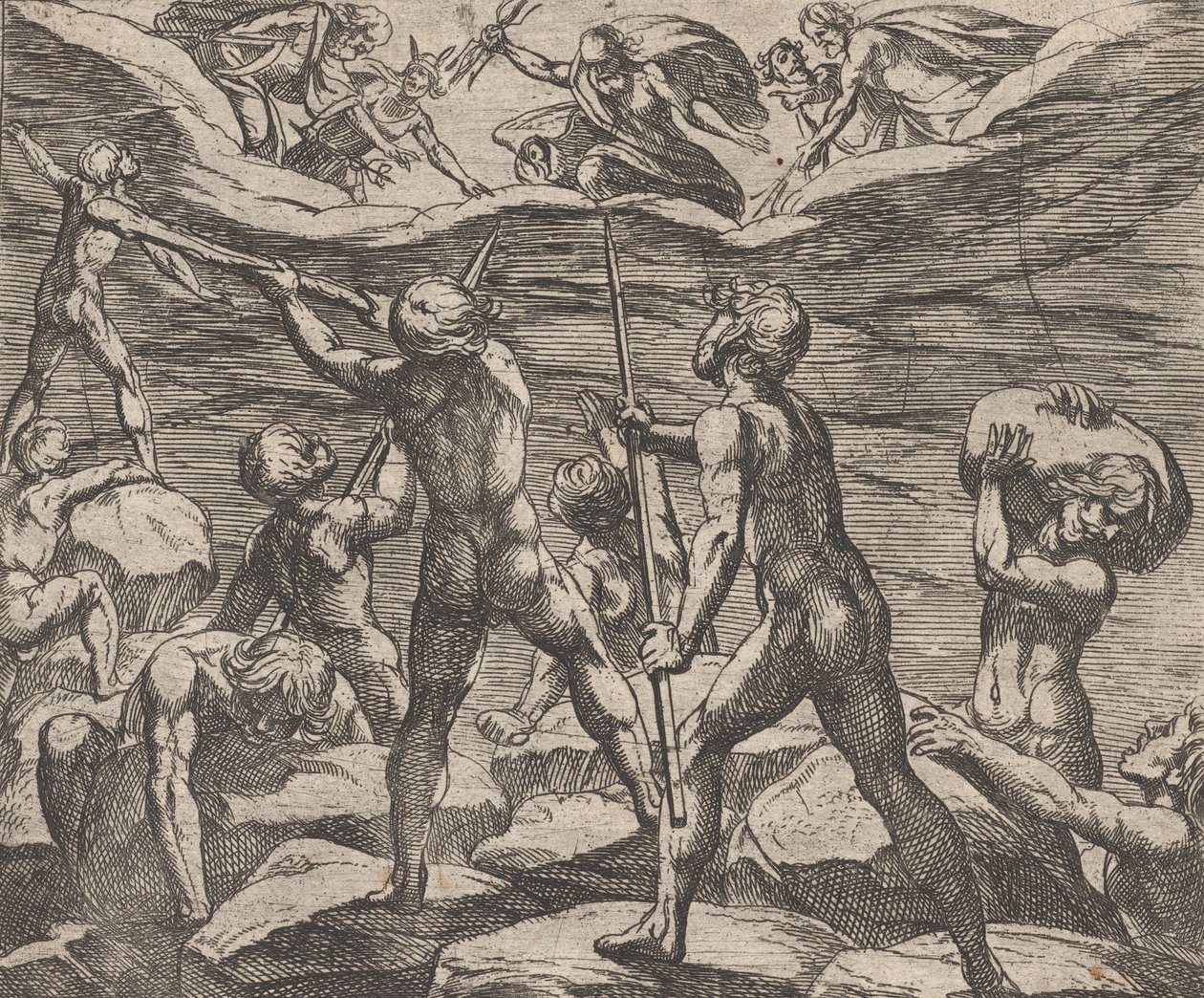 6. tábla: Az óriások, akik megpróbálják megviharozni az Olympus Gigantomachiát, Ovidius „Metamorphose...” című művéből, 1606. alkotó: Antonio Tempesta