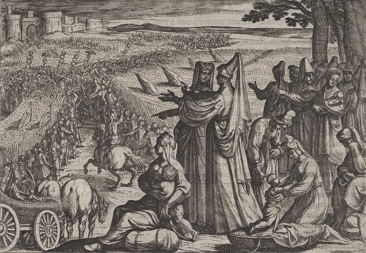 8. tábla: Nők és gyerekek megfigyelik a rómaiakkal harcoló civileket, A romák háborújából..., 1611. alkotó: Antonio Tempesta