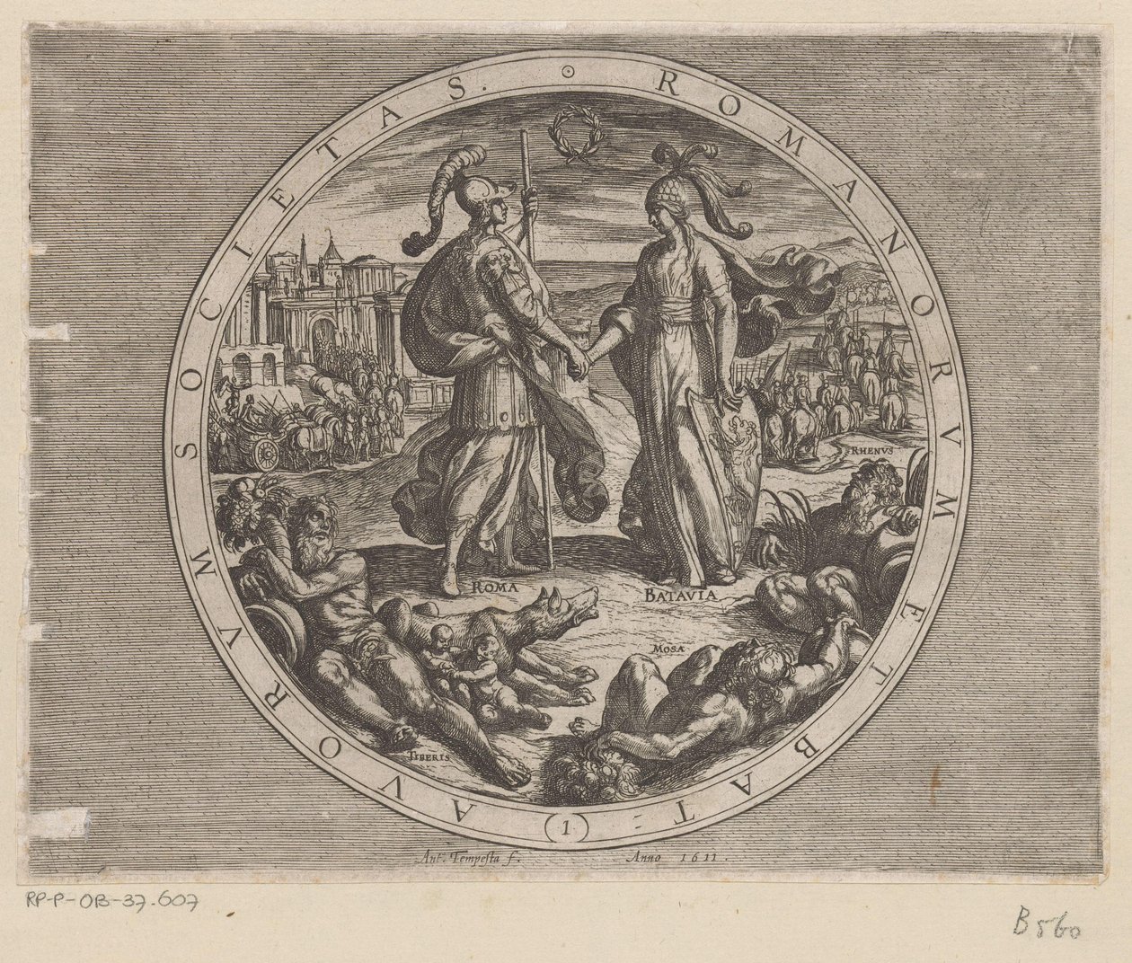 Rome en Batavia schudden elkaar de hand A rómaiak és a hollandok társasága (cím a tárgyon) De Bataafse oorlogen tegen de Romeinen (sorozat címe) A hollandok csatája a rómaiakkal (sorozat címe) alkotó: Antonio Tempesta