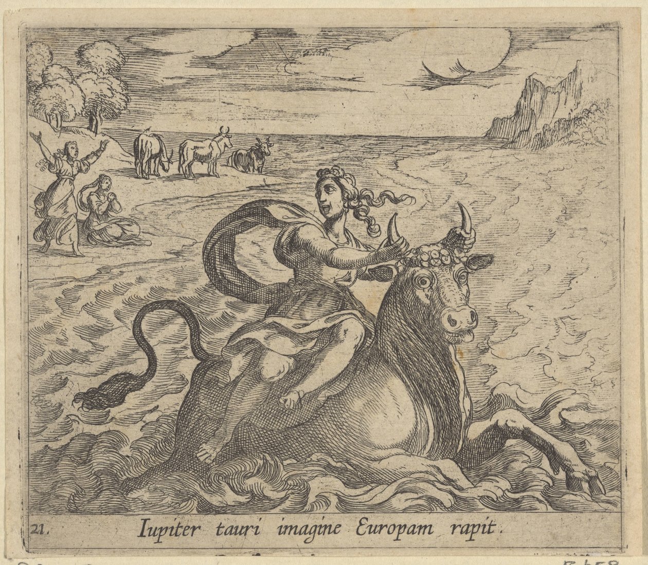Tető van Európa A Jupiter megörökíti Európát egy bika képében (cím a tárgyon) Metamorphoseon méret transzformációs (sorozat címe) Metamorfosen van Ovidius (sorozat címe) alkotó: Antonio Tempesta