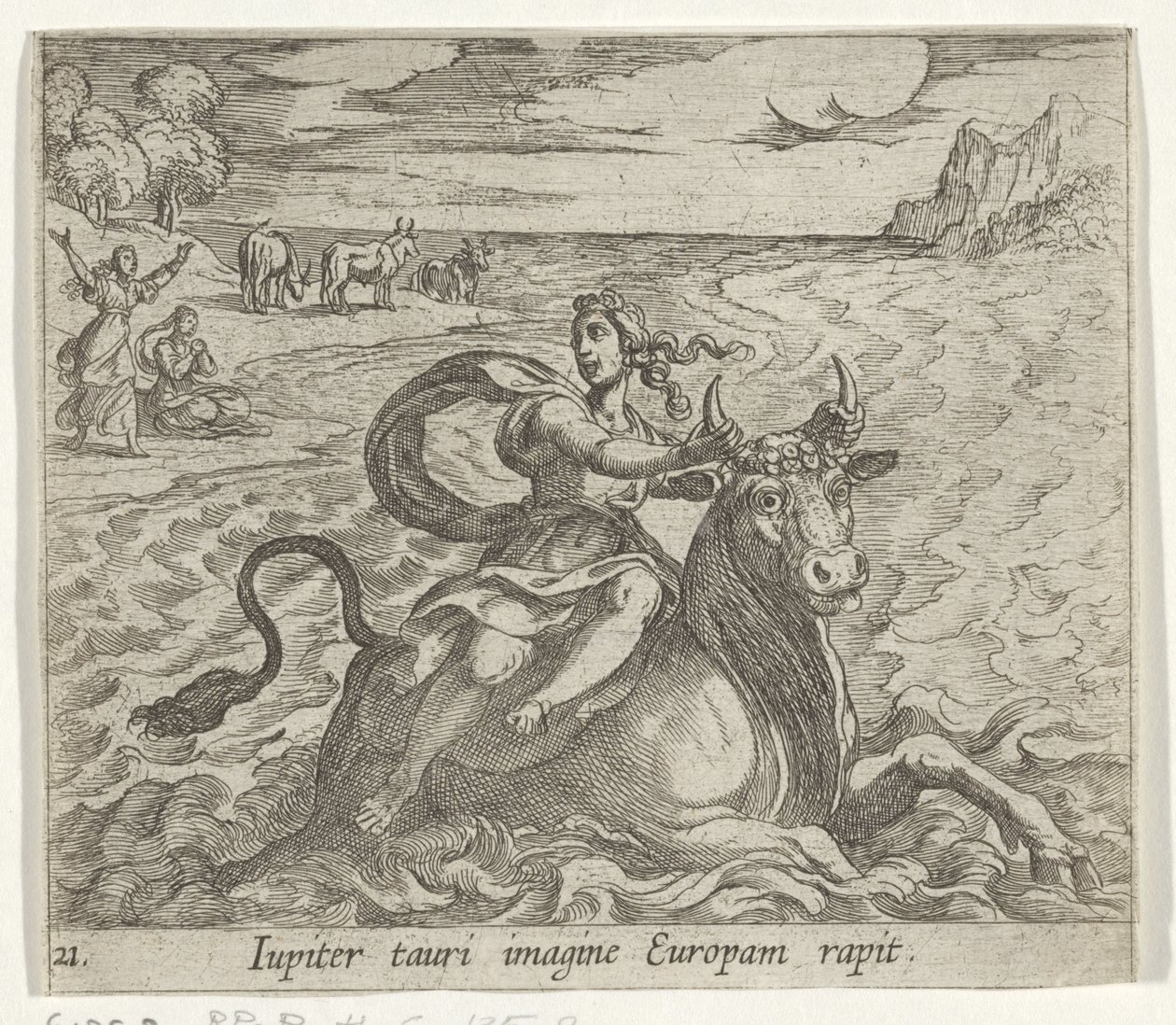 Tető van Európa A Jupiter megörökíti Európát egy bika képében (cím a tárgyon) Metamorphoseon méret transzformációs (sorozat címe) Metamorfosen van Ovidius (sorozat címe) alkotó: Antonio Tempesta