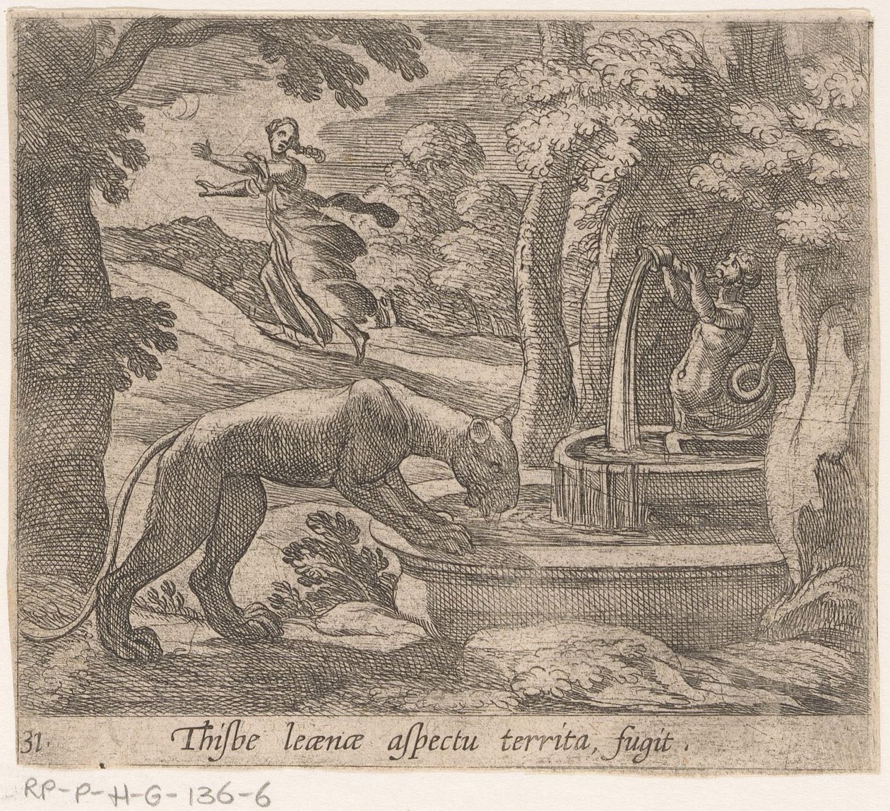 Thisbe vlucht voor the leeuwin by the bron Ez a terület-fugit aspektusa (cím az objektumon) Metamorfózis és átalakulás (sorozat címe) Ovidius metamorfózisai (sorozat címe) alkotó: Antonio Tempesta
