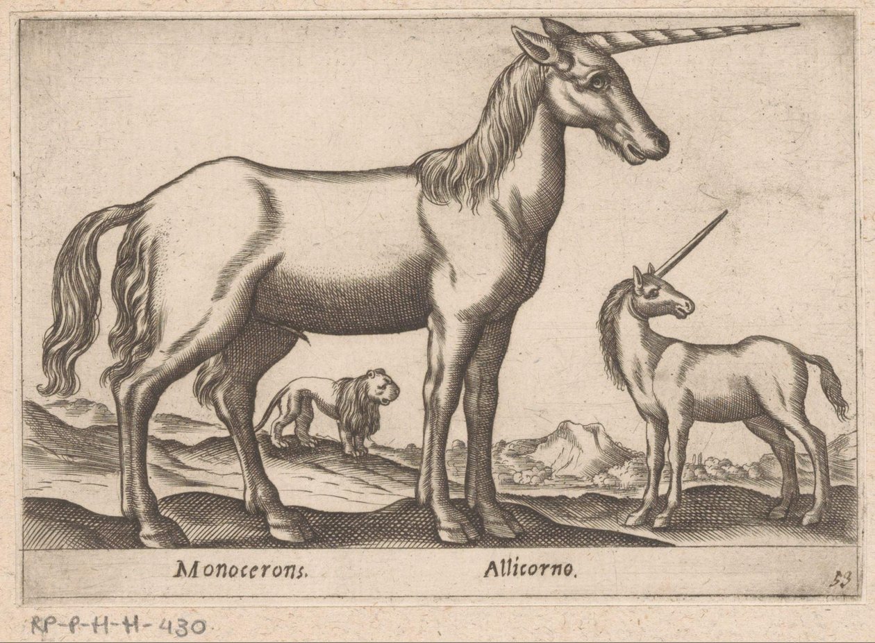 Két egyszarvú és egy oroszlán Monocerons/ Allicorno (cím a tárgyon) Állatok és mitikus lények (sorozat címe) Nova raccolta de li animali piu curiosi del mondo (sorozat címe) alkotó: Antonio Tempesta