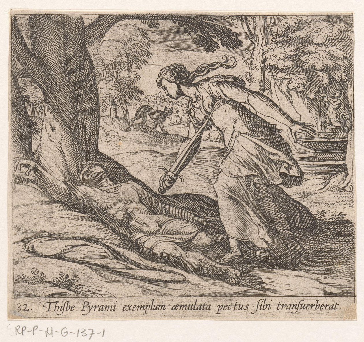 Zelfmoor van Thisbe Thijsbe áthúzta a mellét Pyramus példájára (cím a tárgyon) Metamorfózis vagy átalakulások (sorozat címe) Metamorfosen van Ovidius (sorozat címe) alkotó: Antonio Tempesta