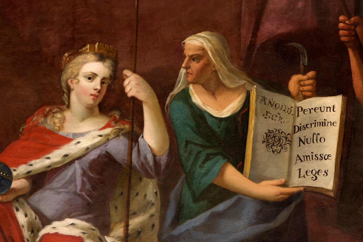 Anna királynő, mint Britannia, egy prófétanővel, részlet a Királynő szalonjából alkotó: Antonio Verrio