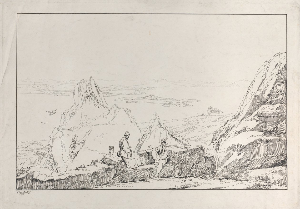 Hegyvidéki táj két férfival az előtérben, 1828. alkotó: Antonio Vianello