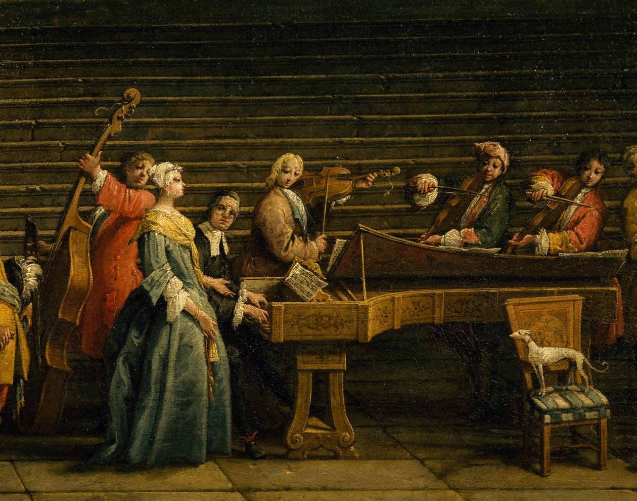 Koncert a villában, Antonio Visentini (1688-1782), zongora és hegedű, olaj, vászon, 207x320, Olaszország alkotó: Antonio Visentini