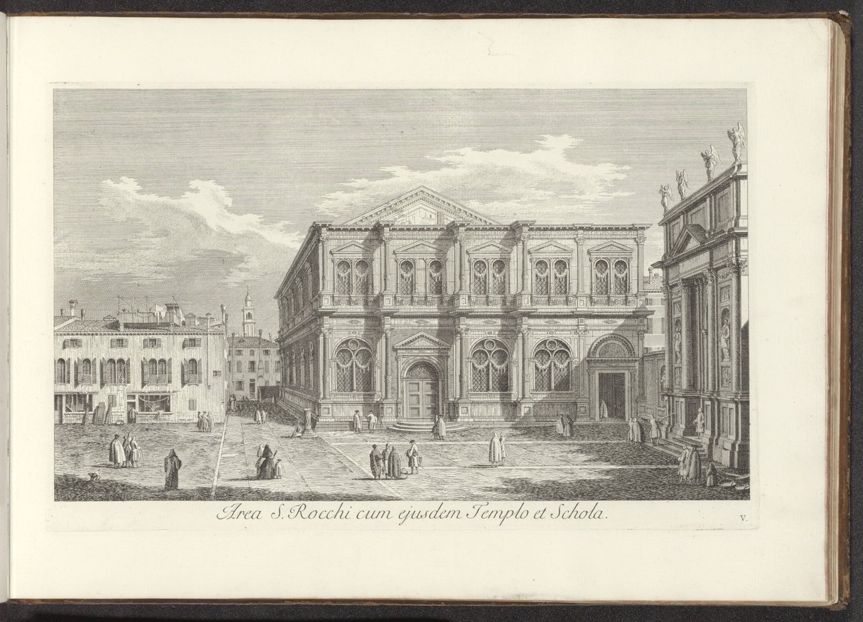 Gezicht op Campo San Rocco te Venetië S. Rocchi területe ugyanazzal a templommal és iskolával (cím az objektumon) Gezichten op bugemenen en pleinen in Venetië (sorozat címe) Velence városának leghíresebb kilátásai az Antonius-csatorna 38 táblájáról, amelye alkotó: Antonio Visentini