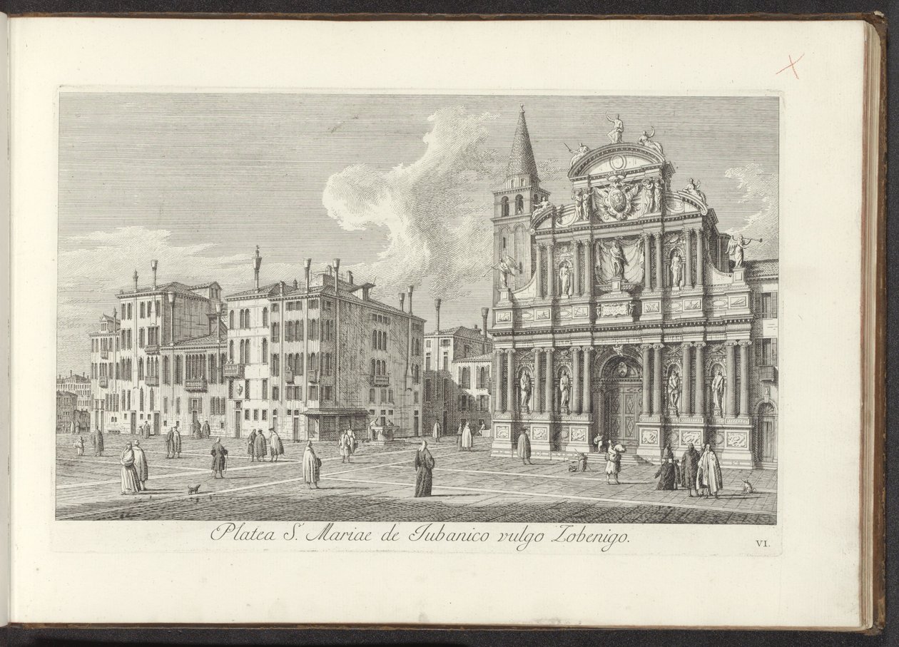 Gezicht op Campo Santa Maria Zobenigo te Venetië S. Rocchi területe ugyanazzal a templommal és iskolával (cím az objektumon) Gezichten op bugemenen en pleinen in Venetië (sorozat címe) Velence városának leghíresebb kilátása az Antonius-csatorna 38. táblájá alkotó: Antonio Visentini