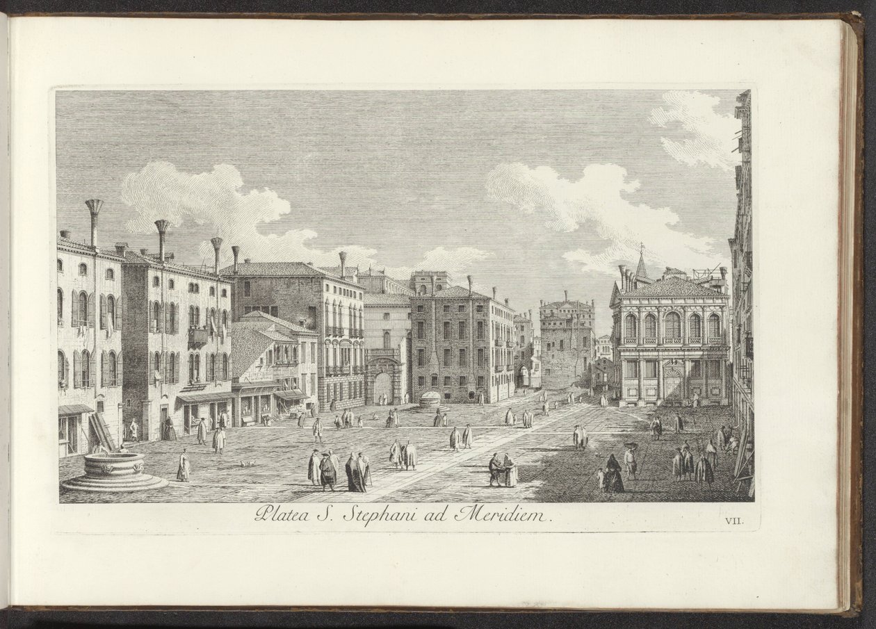 Gezicht op Campo Santo Stefano te Venetië A Szent István tér délre (cím a tárgyon) Gezichten op bugemenen en pleinen in Venetië (sorozat címe) Velence városának leghíresebb kilátása az Antonius-csatorna 38. tábláiról, Antonio Viss sárgaréz nyomtatásával alkotó: Antonio Visentini