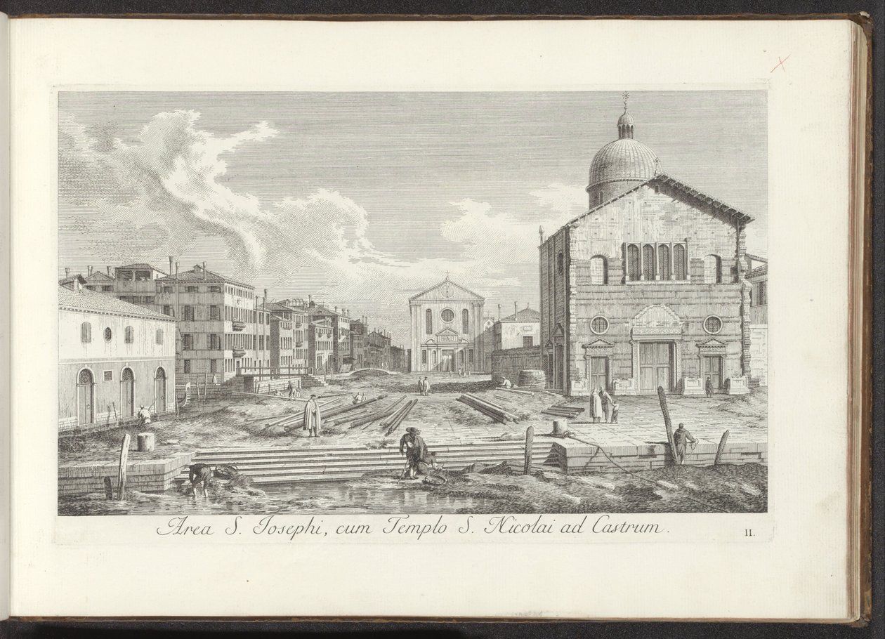Gezicht op de Chiesa di San Giuseppe di Castello te Venetië Szent József környéke, a várban található Szent Miklós templommal (cím a tárgyon) Gezichten op bugemenen en pleinen in Venetië (sorozat címe) Velence városának híresebb kilátásai, Antonius-csatorn alkotó: Antonio Visentini