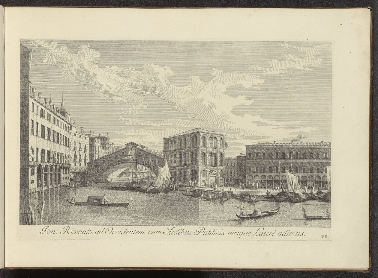 Gezicht op het Canal Grande, Palazzo dei Camerlenghi en de Rialtobrug te Venetië A Rivoalti híd nyugatra, a középületekkel mindkét oldalon (cím az objektumon) Velence városának leghíresebb kilátásai az Antonius-csatorna 38 táblájáról, pl alkotó: Antonio Visentini