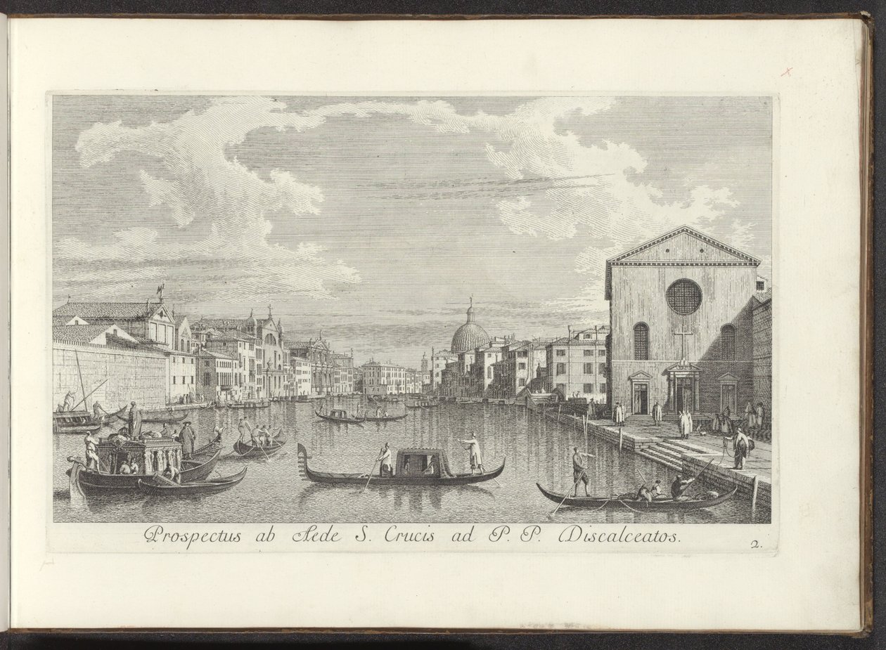 Gezicht op het Canal Grande, de Santa Maria di Nazareth en de San Simeone Piccolo te Venetië Kilátás a Szent Kereszt házától P. P. Discalceatoshoz (cím a tárgyon) Velence városának leghíresebb kilátása az Antonius-csatorna 38 táblájáról, sárgarézre nyomtat alkotó: Antonio Visentini