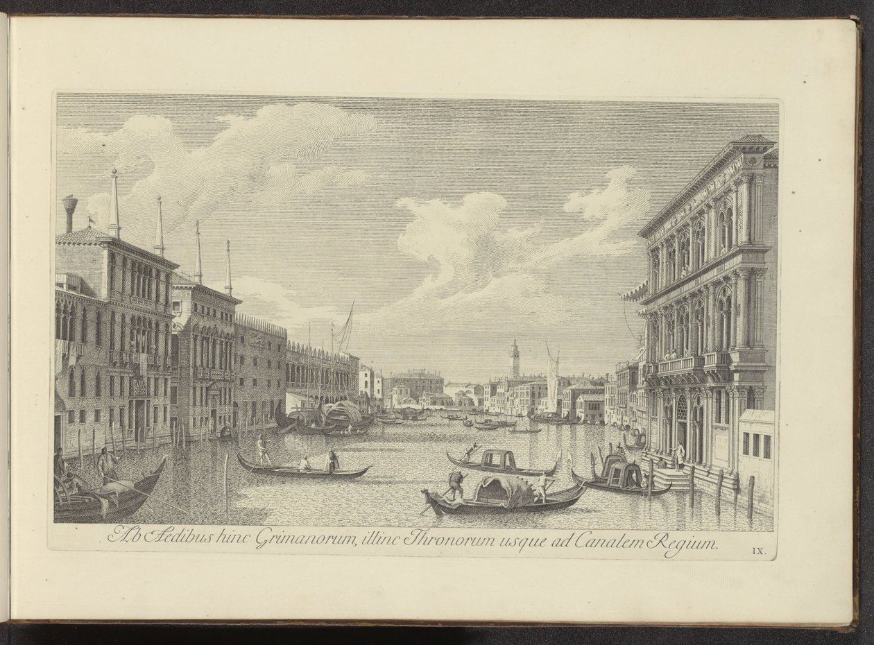 Gezicht op het Canal Grande en Palazzo Vendramin-Calergi te Venetië A Grimanok házaitól ezen az oldalon, a Trónokon, egészen a Királyi csatornáig (cím a tárgyon) Velence városának híresebb kilátásai az Antonius-csatorna 38-as tábláiról, amelyeket Antonio n alkotó: Antonio Visentini