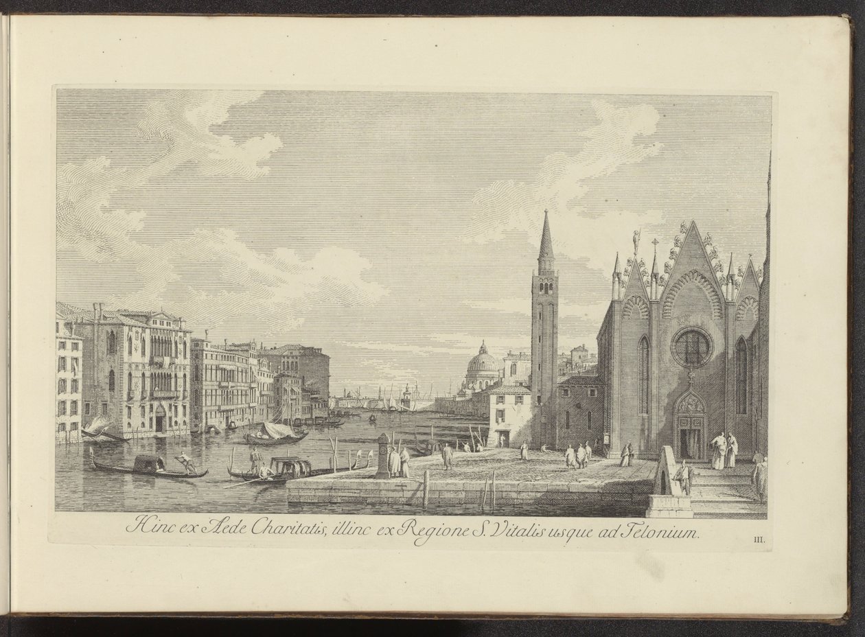 Gezicht op het Canal Grande en de Chiesa di Santa Maria della Carità te Venetië Ezen az oldalon a Charity házától, a másik oldalon a S. Vitalis régiótól Teloniumig (cím a tárgyon) Velence városának leghíresebb kilátása az Antonius-csatorna 38 táblájáról alkotó: Antonio Visentini