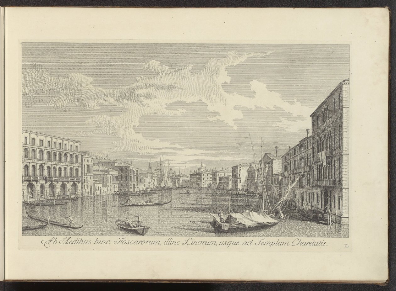 Gezicht op het Canal Grande te Venetië A Foscarok házaitól ezen az oldalon, a Linos túloldalán, egészen a Szeretet templomáig (cím a tárgyon) Velence városának leghíresebb képe az Antonius-csatorna 38 táblájáról, Antonio Vissentini által sárgarézre nyomtat alkotó: Antonio Visentini