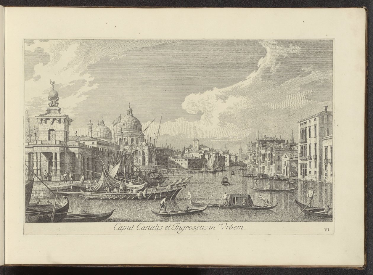 Gezicht op het Canal Grande te Venetië A csatorna feje és a város bejárata (cím az objektumon) Velence városának leghíresebb képe az Antonius-csatorna 38 táblájáról, Antonio Vissentini által sárgarézre nyomtatva, három részre osztva. első rész (sorozat cím alkotó: Antonio Visentini