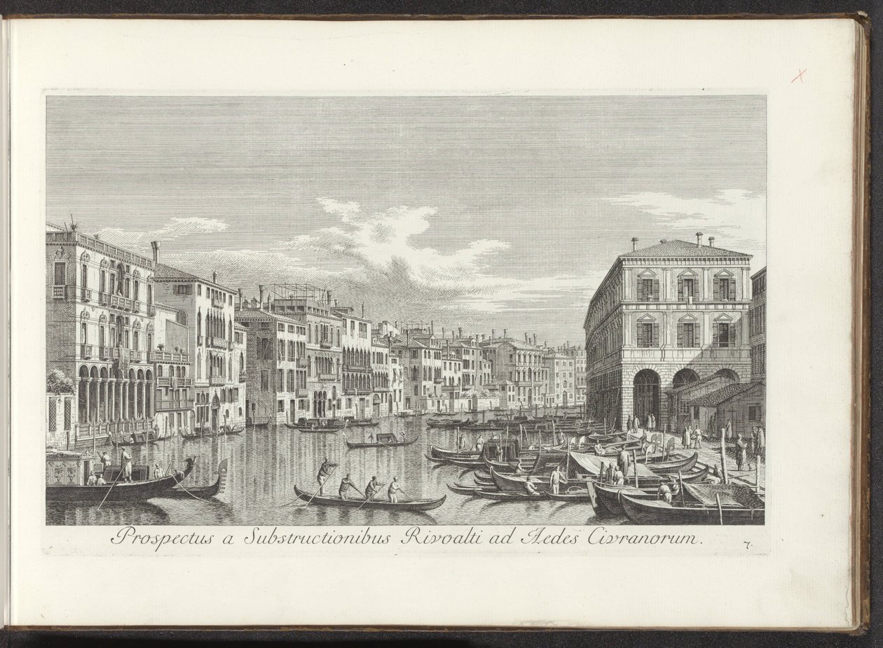 Gezicht op het Canal Grande te Venetië Kilátás Rivoalti alépítményei felől az Aedes Civranorum felé (cím az objektumon) Velence városának leghíresebb képe az Antonius-csatorna 38 táblájáról, Antonio Vissentini által sárgarézre nyomtatva, három részre osztv alkotó: Antonio Visentini