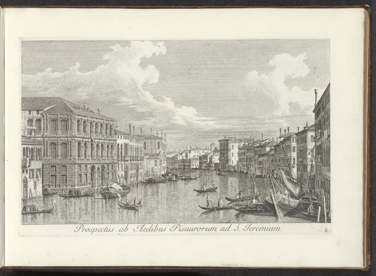 Gezicht op het Canal Grande te Venetië Kilátás Pisa házairól Szent Jeremiásra (cím a tárgyon) Velence városának leghíresebb képe az Antonius-csatorna 38 táblájáról, Antonio Vissentini által sárgarézre nyomtatva, három részre osztva. a második rész alkotó: Antonio Visentini