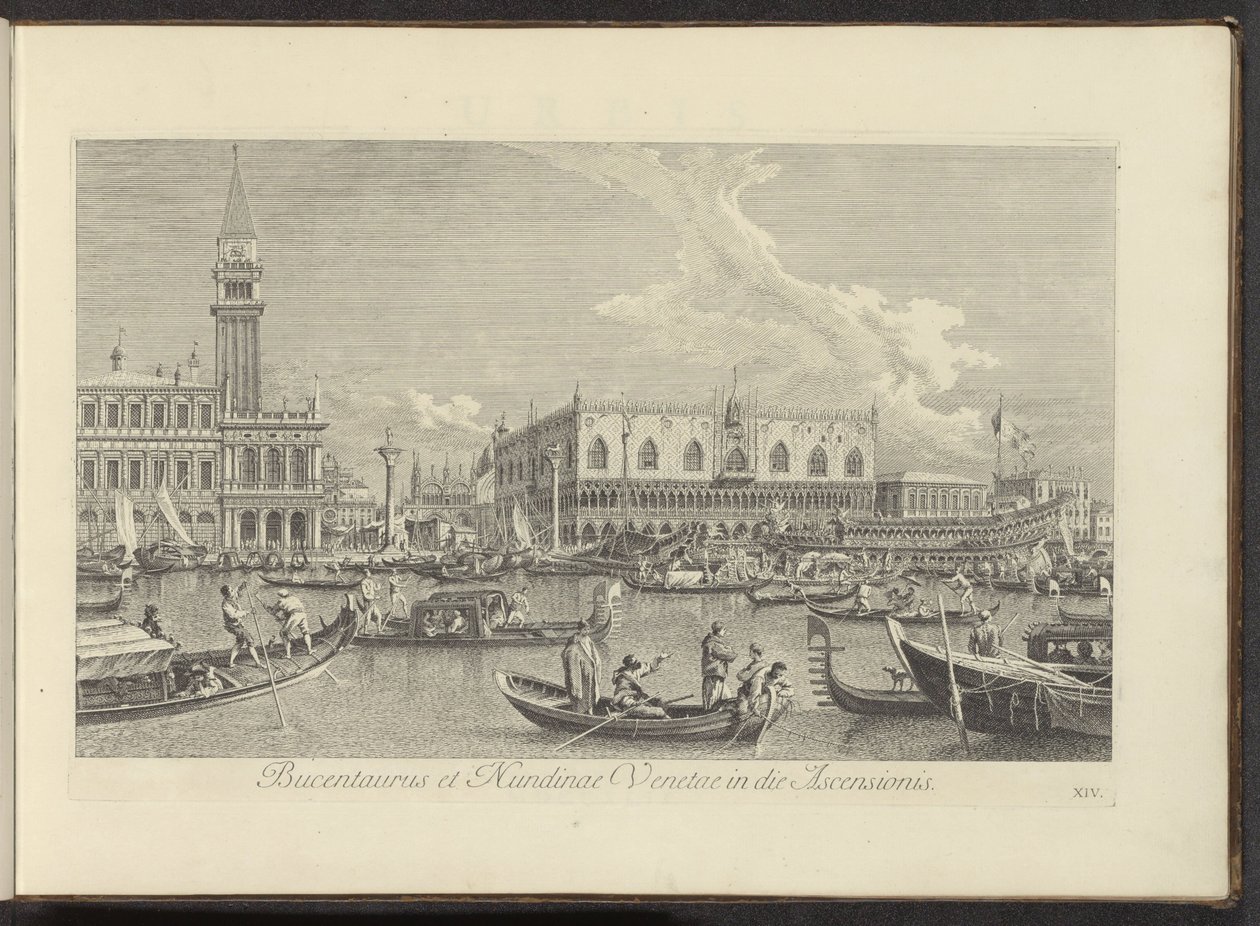 Gezicht op het Canal Grande te Venetië met de Bucintoro van de doge Bucentaurus és Nundinae Venetae a Mennybemenetel napján (cím a tárgyon) Velence városának leghíresebb kilátása az Antonius-csatorna 38 táblájáról, Antonio Vissentini által levegőbe nyomtat alkotó: Antonio Visentini