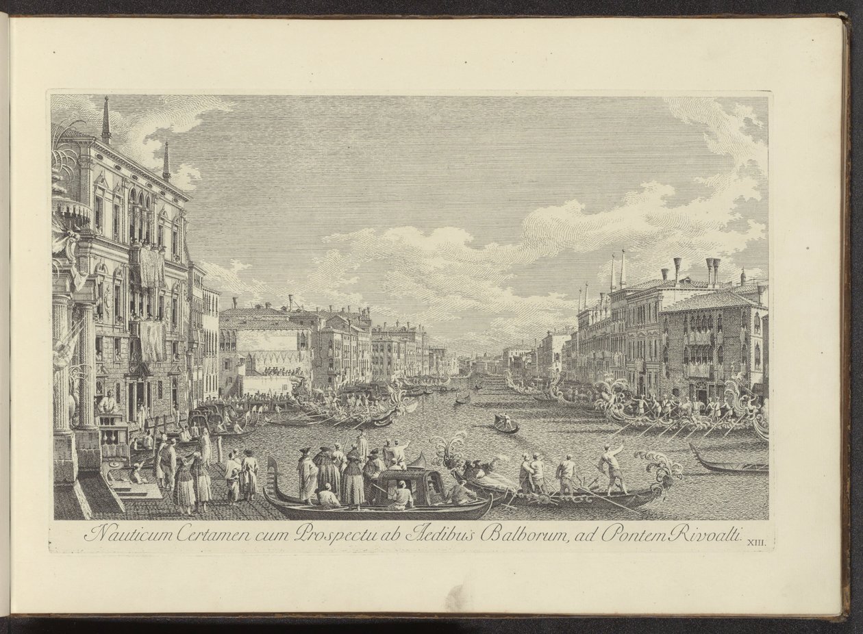 Gezicht op het Canal Grande te Venetië waar de Regata plaatsvindt Hajózási verseny kilátással a Balbore-házaktól a Rivoalti-hídig (cím az objektumon) Velence városának híresebb kilátásai az Antonius-csatorna 38-as tábláiról, amelyeket Antonio nyomtatott ki alkotó: Antonio Visentini