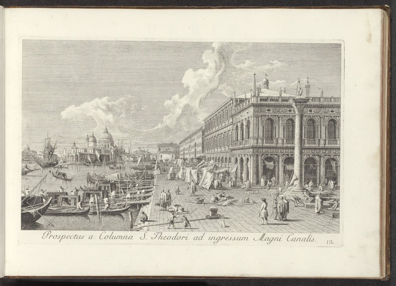 Hoek van het San Marcoplein met de Biblioteca Marciana Kilátás a Szent Teodor oszlopról a Canal Grande bejáratára (cím a tárgyon) Velence városának leghíresebb kilátása, az Antonius-csatorna 38 réztáblájából, Antonio Vissentini részekben nyomtatta alkotó: Antonio Visentini