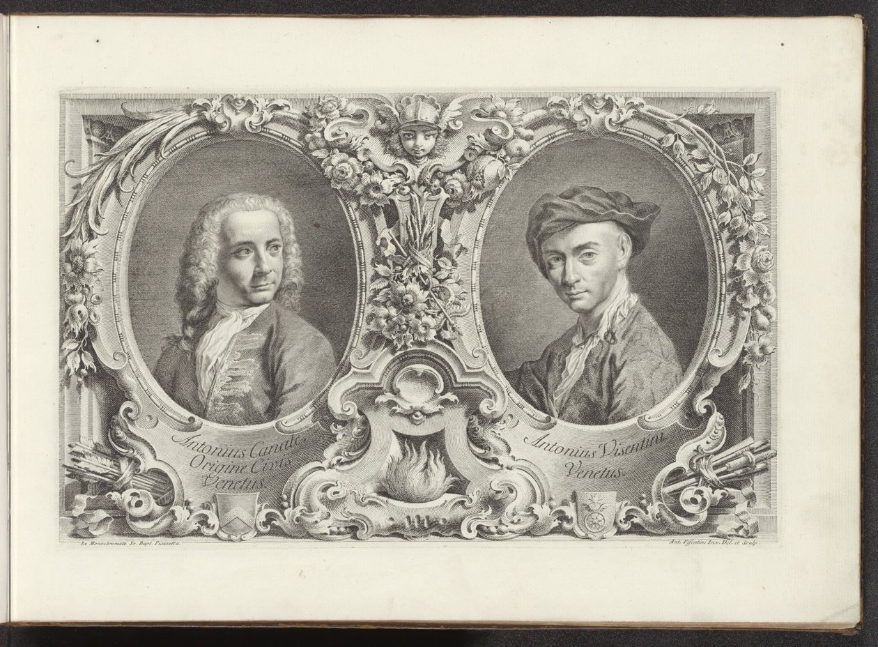Portretten van artists Canaletto és Antonio Visentini Velence városának leghíresebb képe az Antonius-csatorna 38 táblájáról, Antonio Vissentini által sárgarézre nyomtatva, három részre osztva. első rész (sorozat címe) Gezichten op grote kanalen in Ven alkotó: Antonio Visentini