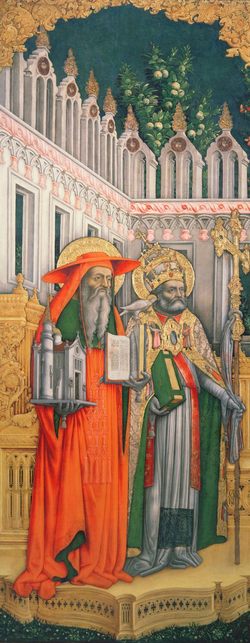Szent Jeromos és Szent Gergely, bal oldali panel a Szent Jeromossal, Gergellyel, Ambrose-szal és Ágoston trónoló szűzből, 1446 (restaurálás után) (lásd: 160893-99) alkotó: Antonio Vivarini